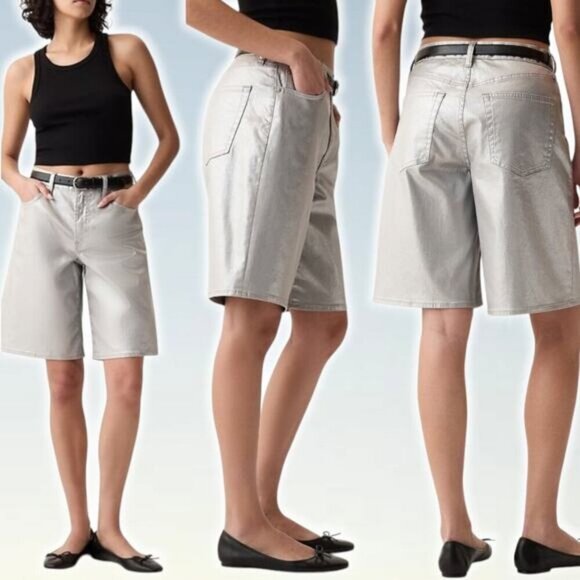 NWT GAP 11.5" Mid Rise Metallic Longline Denim Shorts Size 25 Silver - Picture 1 of 6